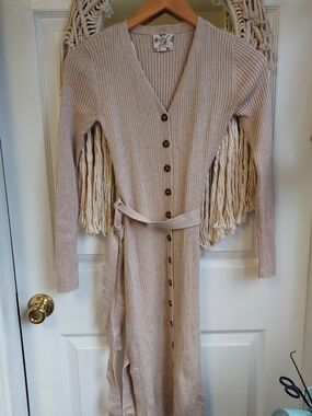 Hippie Rose Beige Ribbed Button-Front Midi Dress